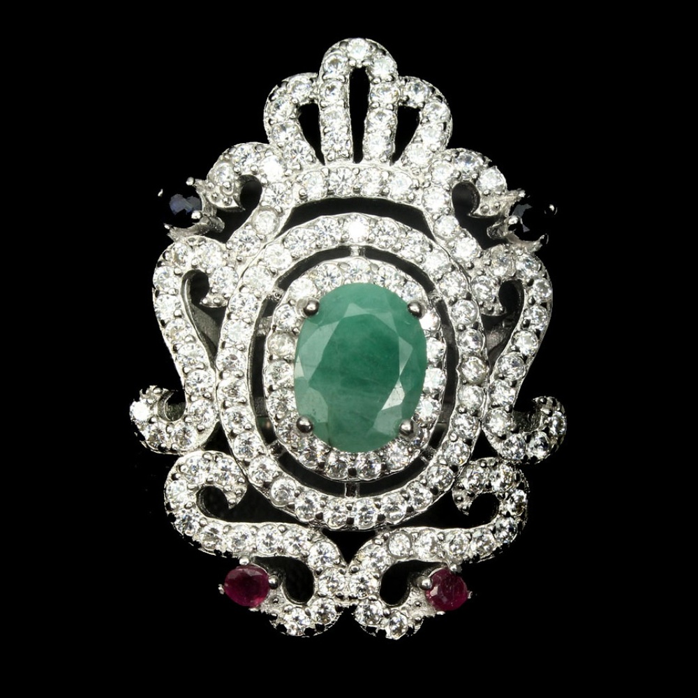 .925 EMERALD/RUBY/SAPPHIRE RING SZ 7 - Picture 2 of 3